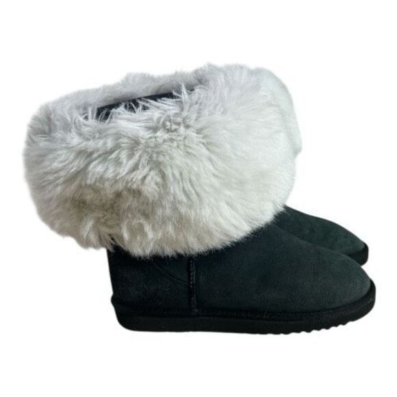 Ugg Classic Short 5800 Grey Leather Boots Size M9 Sheepskin Faux Fur Pull On Cuf - Picture 1 of 14